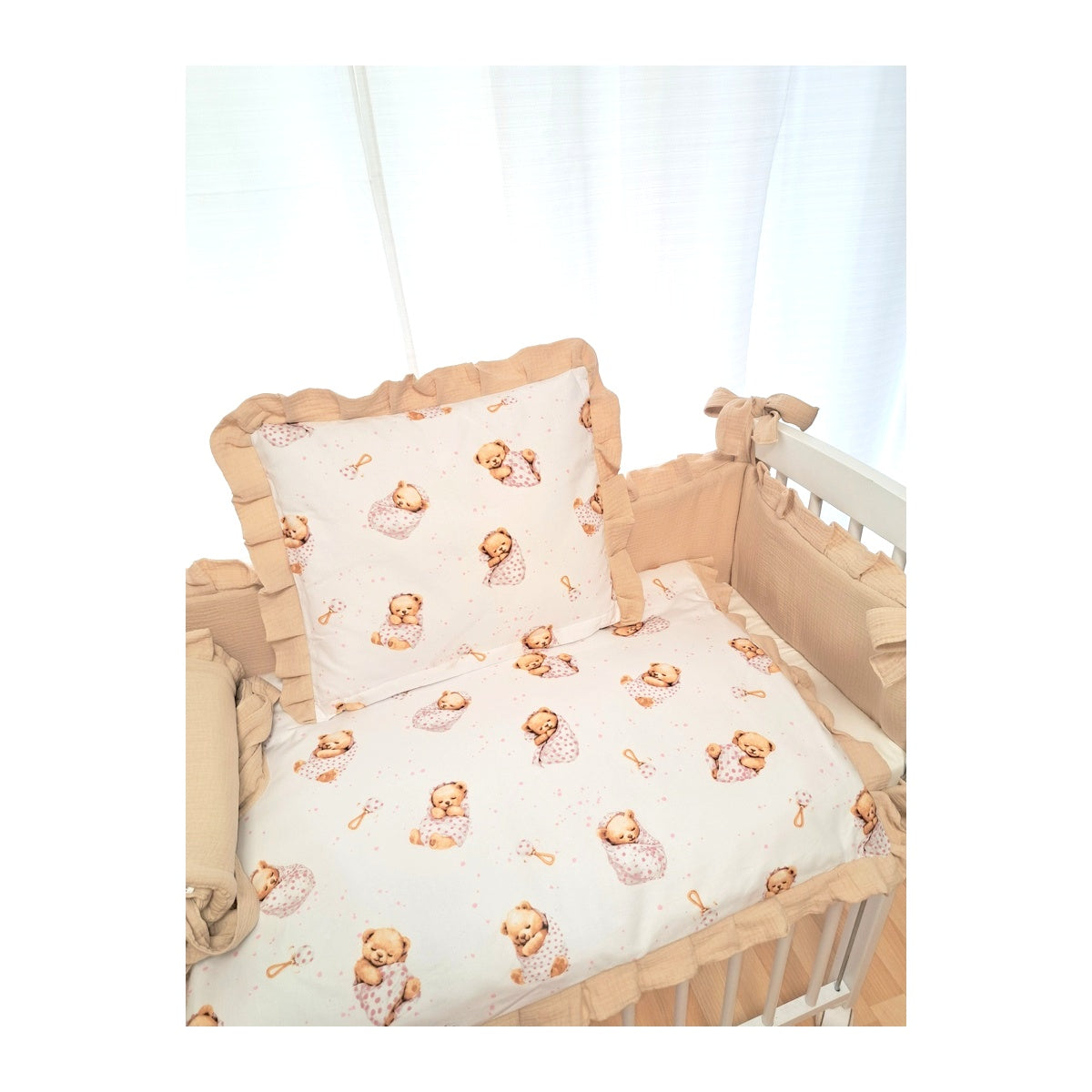 Babybett 3in1 Musselin Beige – Beistellbett & Stubenwagen Teddybär