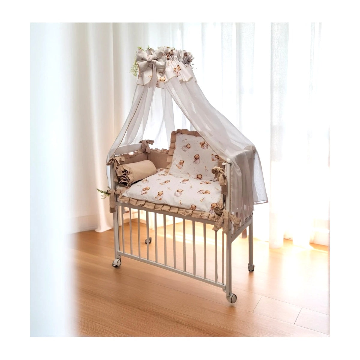 Babybett 3in1 Musselin Beige – Beistellbett & Stubenwagen Teddybär - babyhafen.de