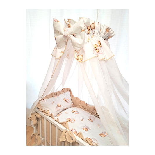 Babyhafen Beistellbett beige mit Teddybären-Muster und Himmel