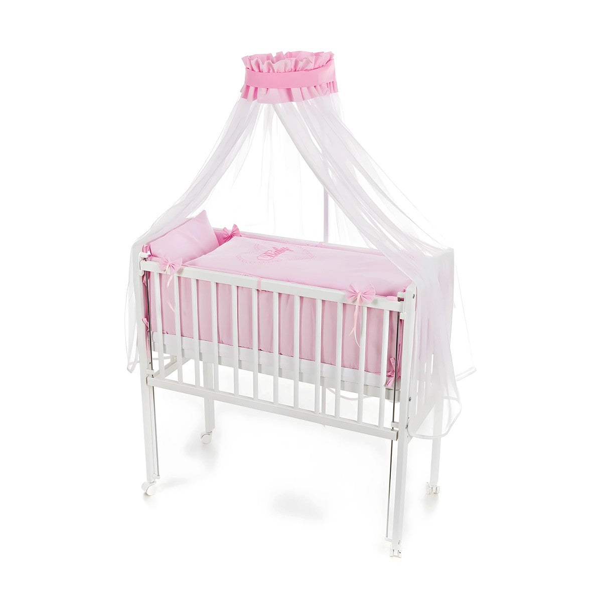 Babybett 90x40 cm Weiß mit rosa Bettwäsche und Baldachin