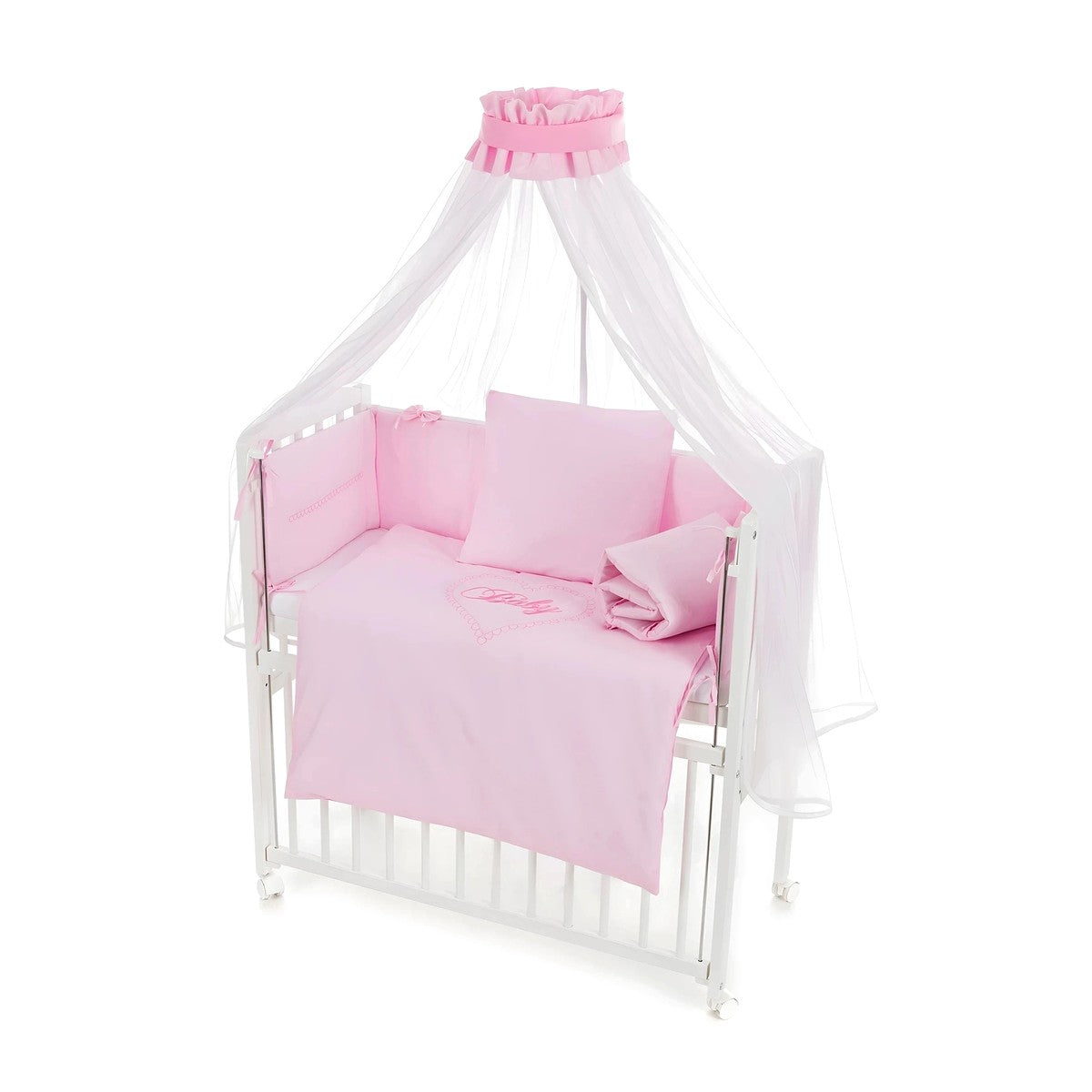 Babyhafen Beistellbett Rosa Komplettbett mit Herz Stickerei