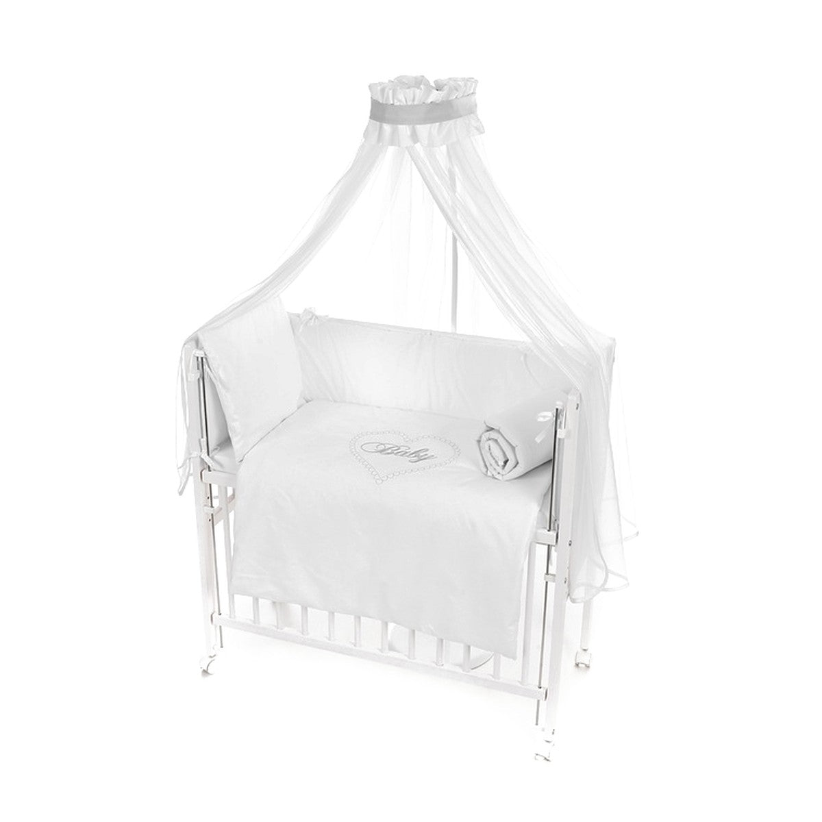 Babybett mit Rollen in Weiß inklusive Bettset und Schleifen