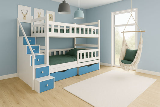Etagenbett „DreamSteps 90x190“ – Massivholz Kinderbett mit Treppe & Schubladen
