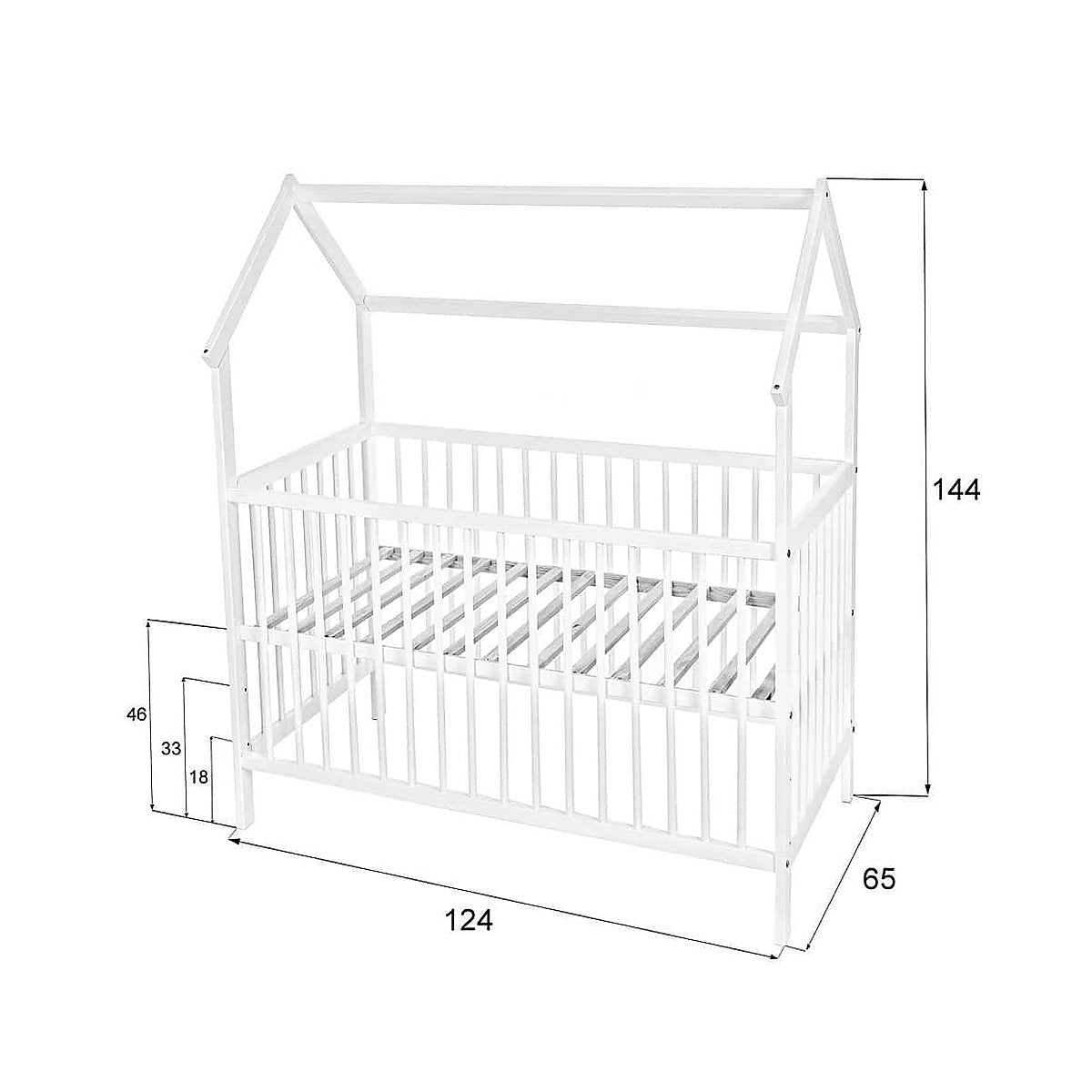 Hausbett Baby Weiß 60x120 mit Maßangaben und Höhenverstellung