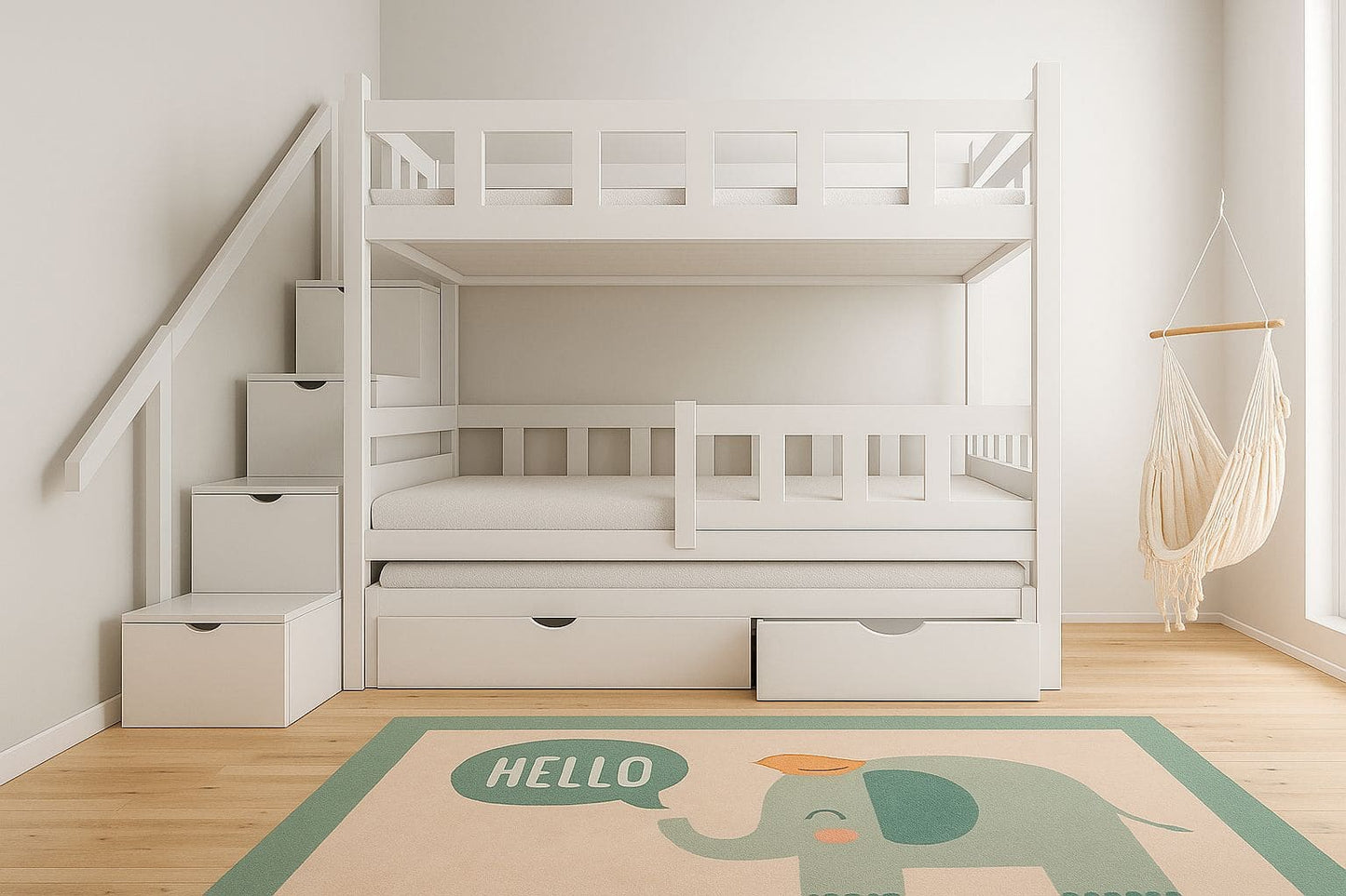 Etagenbett „DreamSteps“ – Massivholz Kinderbett mit Treppe & Schubladen