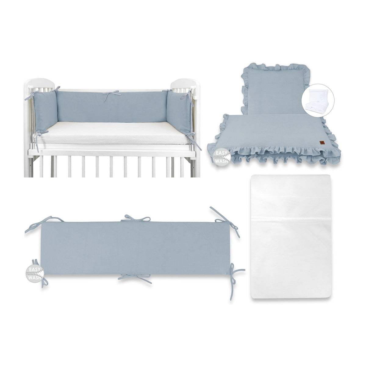3in1 Beistellbett in Weiss mit Musselin Bettwäsche Jeans – Baby Komfort