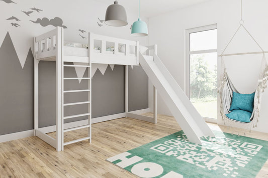 Hochbett SlideDream 200x90 aus Massivholz mit Rutsche und Leiter – weißes Kinderbett im skandinavischen Stil