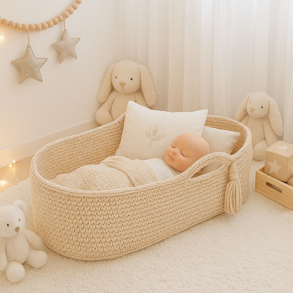 Handgehäkelter Moseskorb aus Baumwolle in Creme_babyhafen