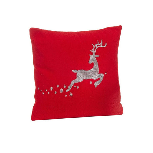 Weihnachtskissen rot mit silberner Rentier Stickerei und Schneeflockenmotiv