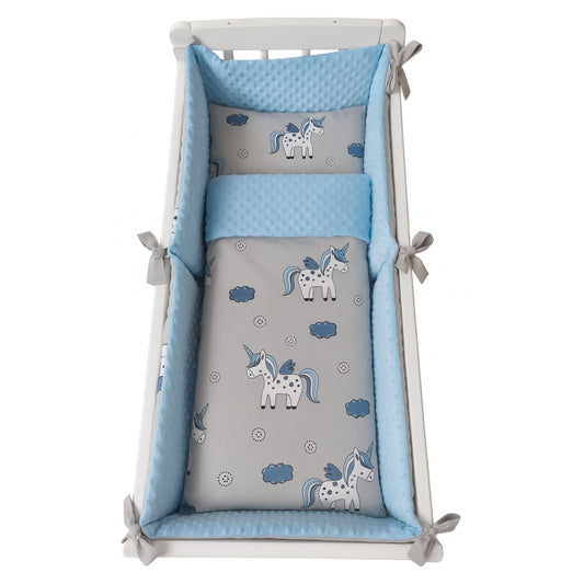 Wiegenbettwäsche Einhorn in Blau und Grau – Minky Set für Babywiege von Babyhafen