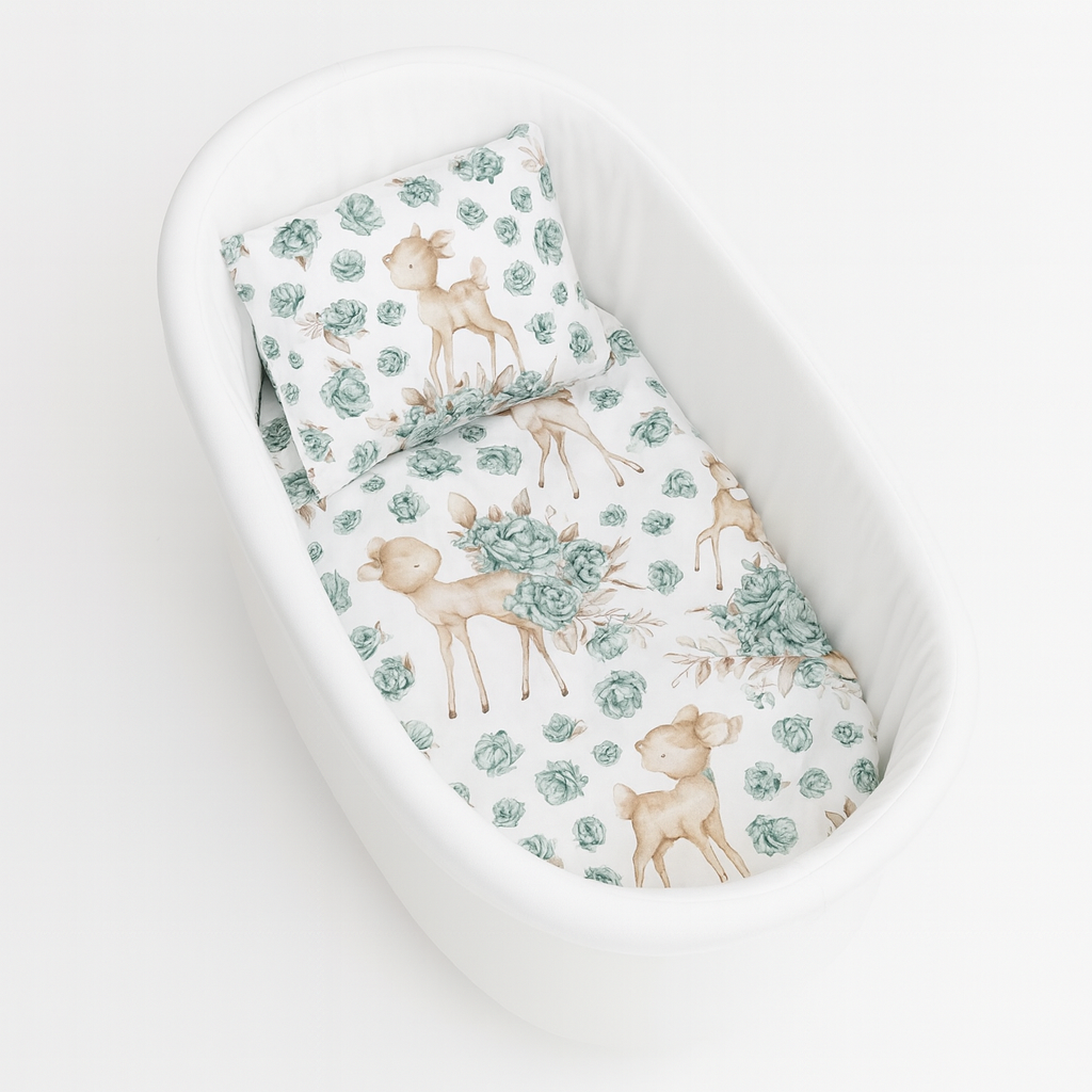 Baby Bettwäsche Set mit Reh und grünen Blumen 50x70 cm für Kinderwagen