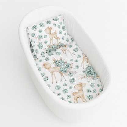 Baby Bettwäsche Set mit Reh und grünen Blumen 50x70 cm für Kinderwagen