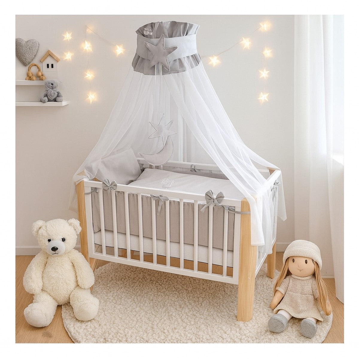 Babyhafen Beistellbett Grau mit Stern-Himmel und Schleifen – elegantes Babybett