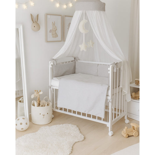 3-in-1 Babyhafen Beistellbett Grau mit Waffelbettwäsche und Himmel