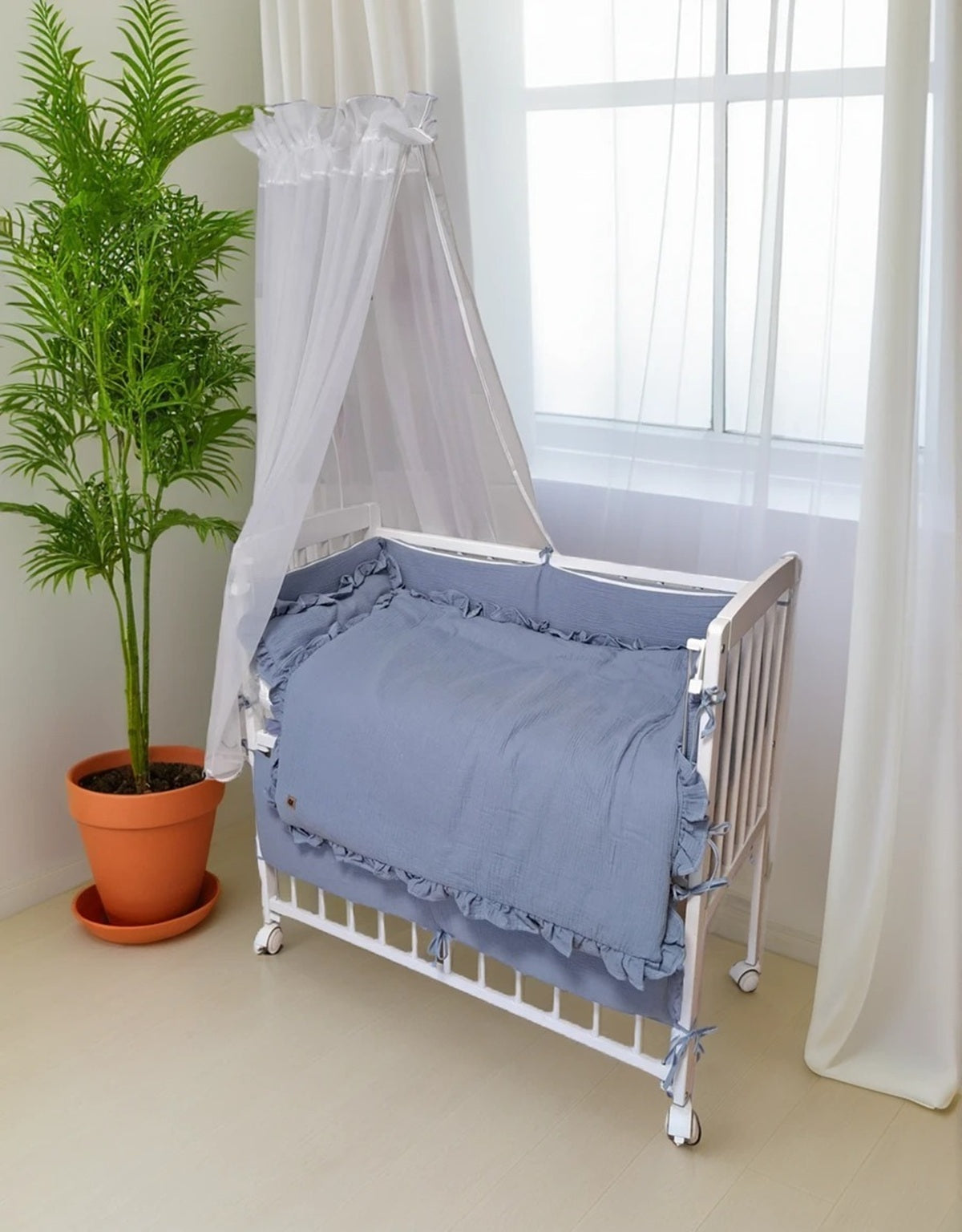 3in1 Beistellbett mit Musselin-Bettwäsche – Jeansblau - babyhafen.de 
