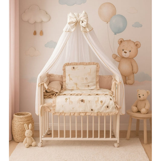 3in1 Babybett Musselin Safari Beistellbett mit Himmel und Bettset – Babyhafen