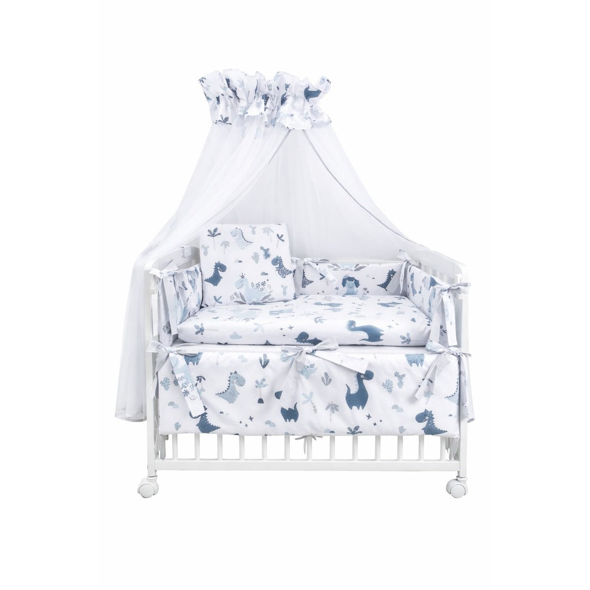 Beistellbett Baby 3in1 weiß mit Dino-Motiv, kompletter Stoffausstattung und Himmel