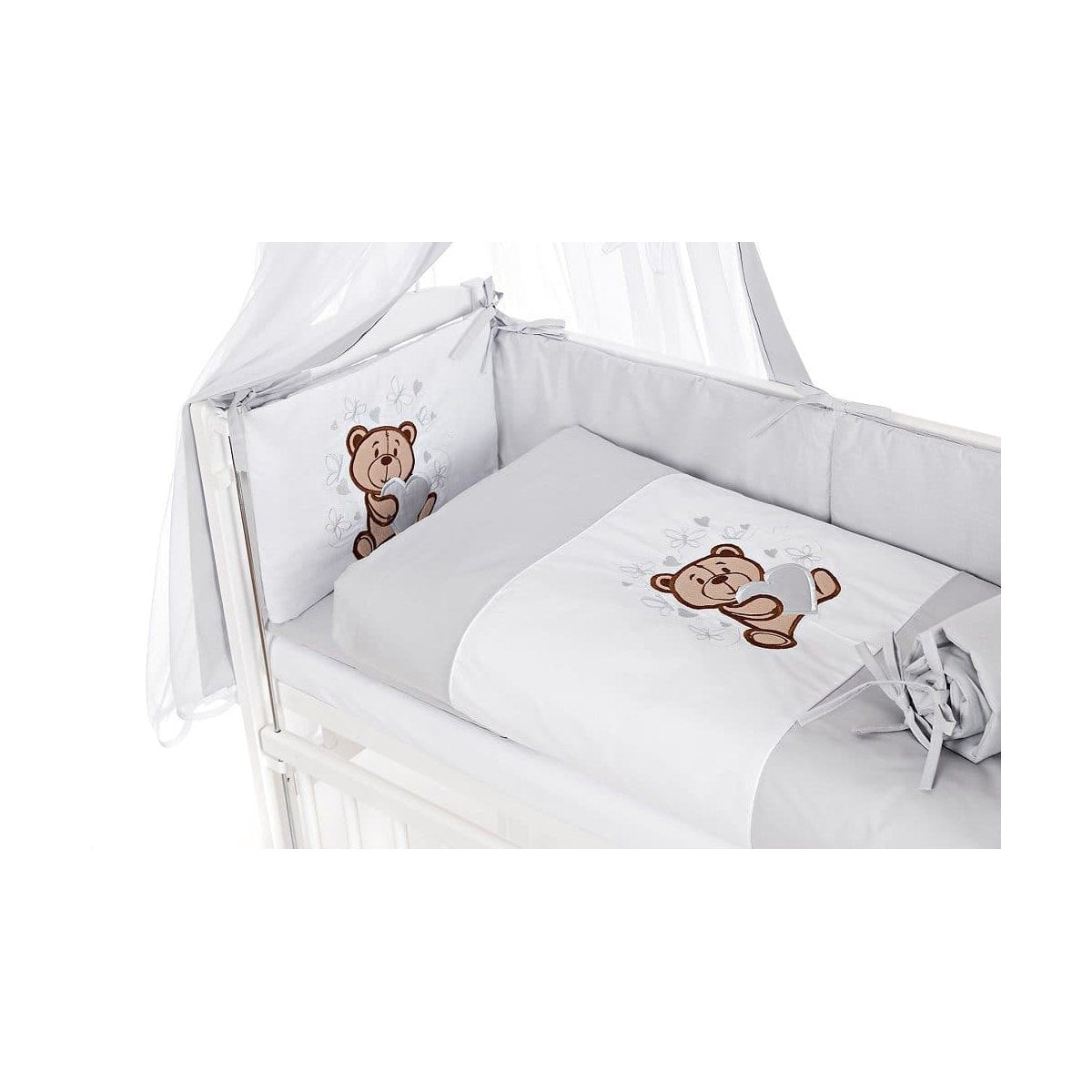 Weißes Beistellbett 90x40 cm mit grauem Teddy Bettset und Himmel für Babys