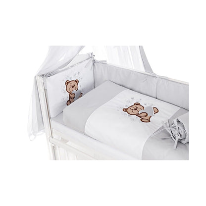 Weißes Beistellbett 90x40 cm mit grauem Teddy Bettset und Himmel für Babys