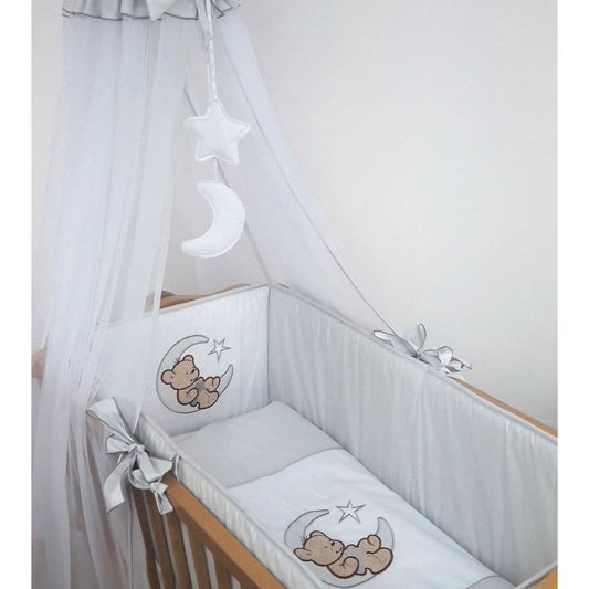 8-teiliges Babybett-Set mit Spitze, Baldachin und süßer Bärchen-Stickerei – Komplettgarnitur für Wiege oder Beistellbett