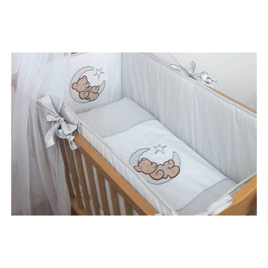 8-teiliges Baby-Wiegen-Set in Weiß und Grau mit süßer Bärchen-Stickerei auf Mond, inklusive Nestchen