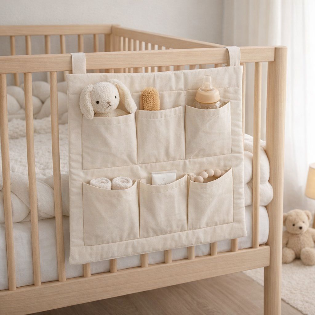 Beige Betttasche aus Baumwolle am Babybett befestigt, gefüllt mit Babyutensilien