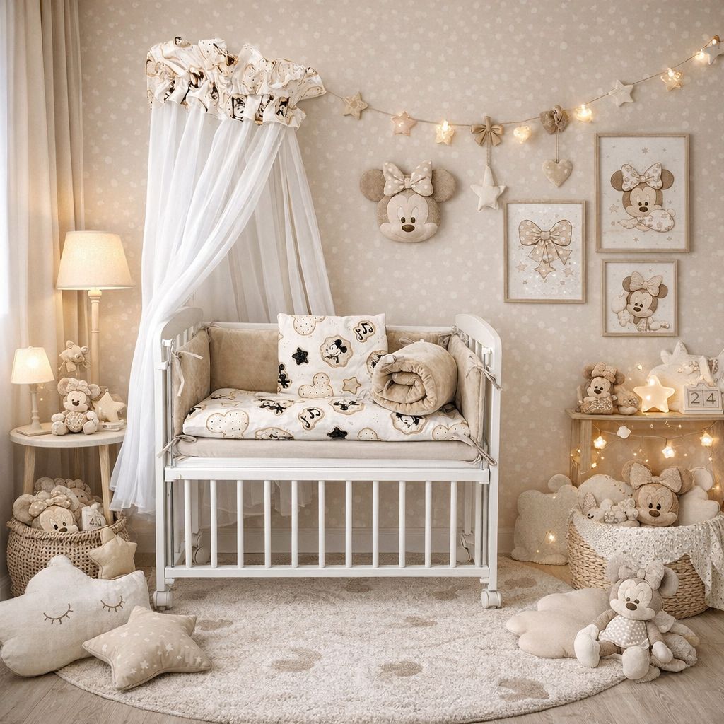 Beistellbett Baby 40x90 cm mit Himmel und kompletter Ausstattung in Beige mit Mini-Maus Design im modernen Kinderzimmer
