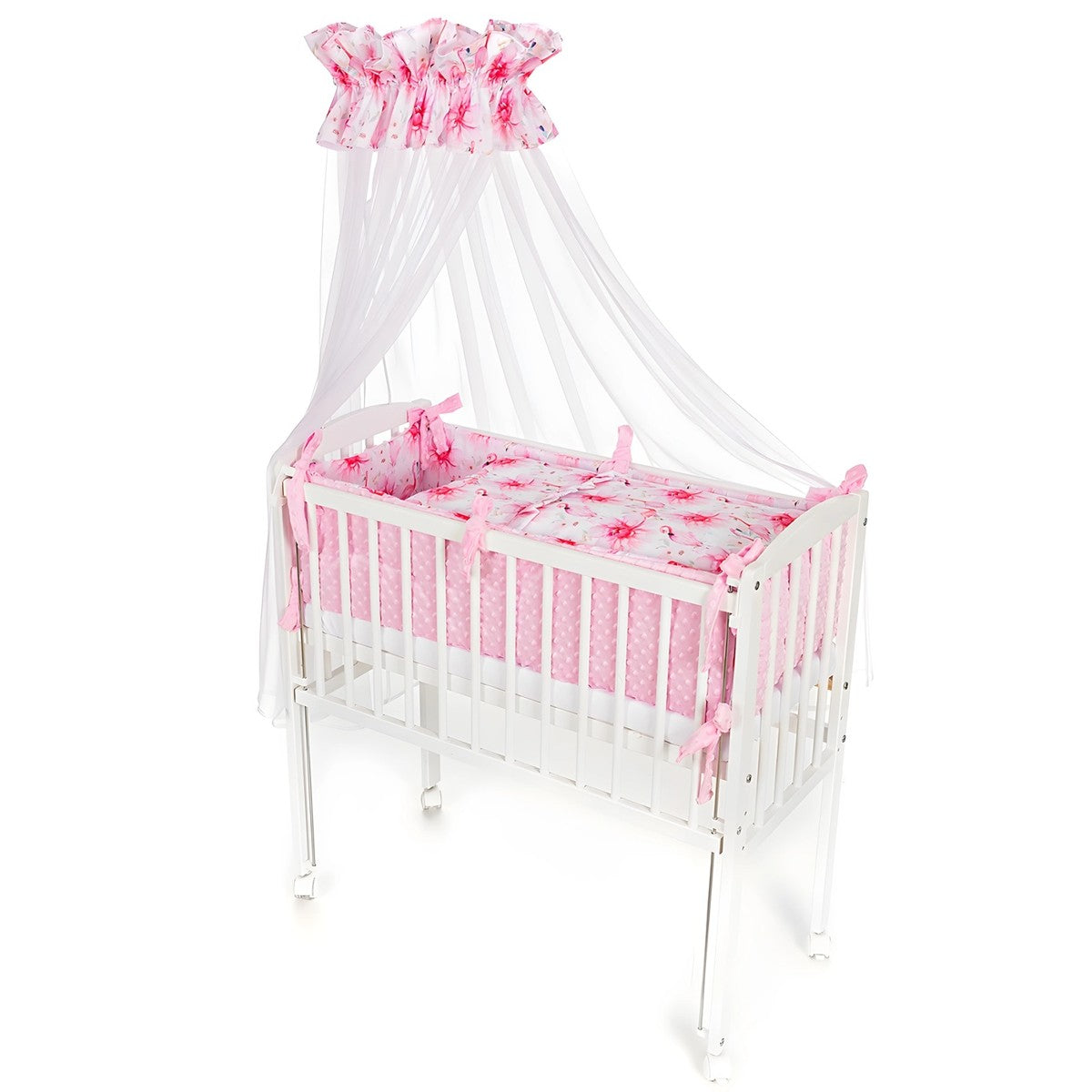 Baby Beistellbett 90x40 cm – mit Matratze & Minky – Flamingo & Pfingstrose