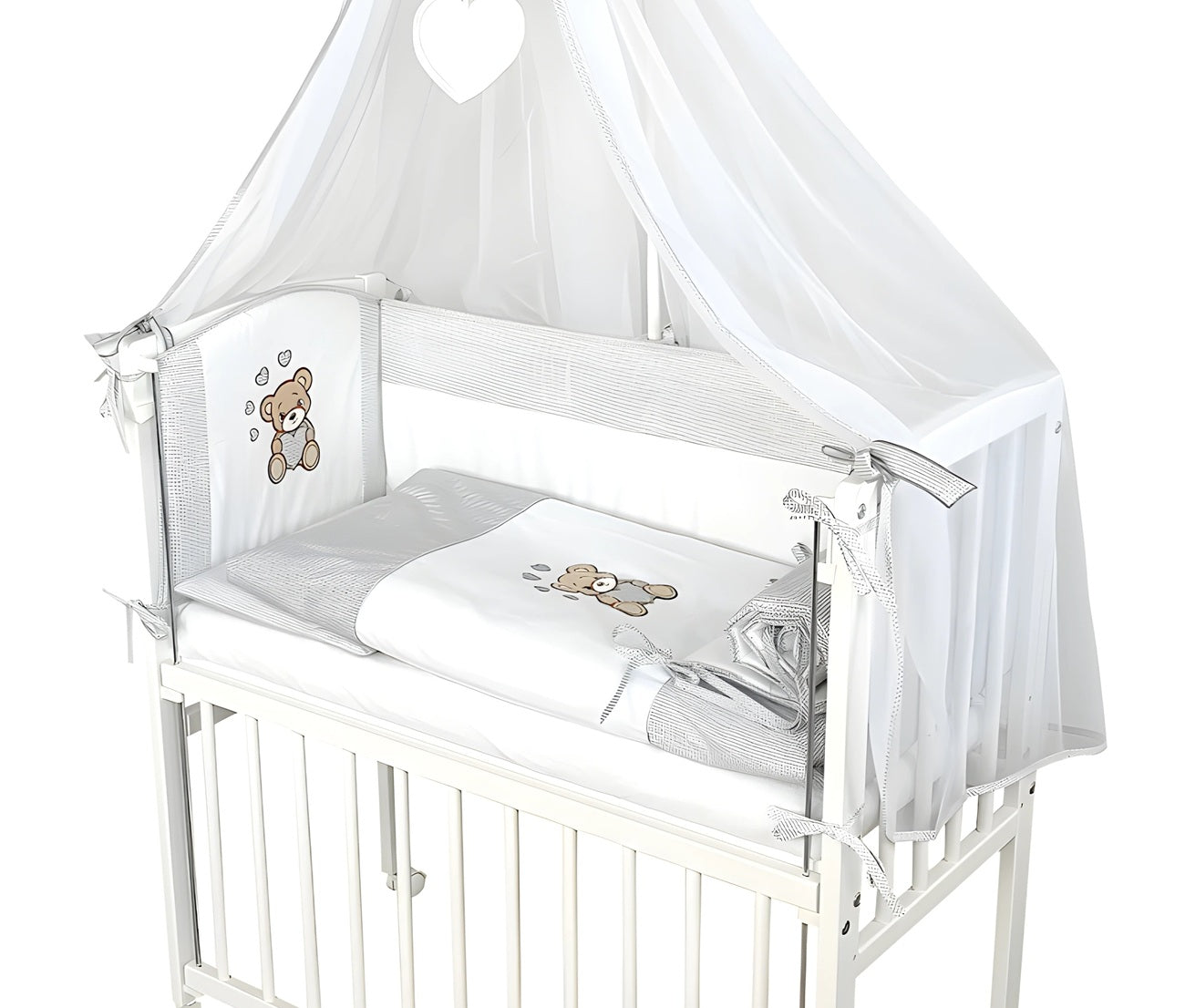 Baby Beistellbett, Textile-Ausstattung – Teddy Herzen Grau - babyhafen.de 