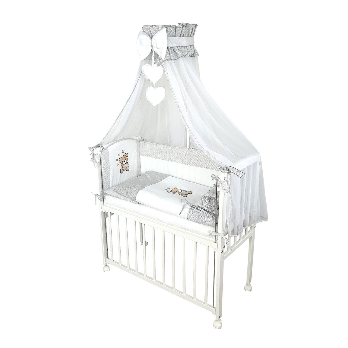 Baby Beistellbett, Textile-Ausstattung – Teddy Herzen Grau - babyhafen.de 