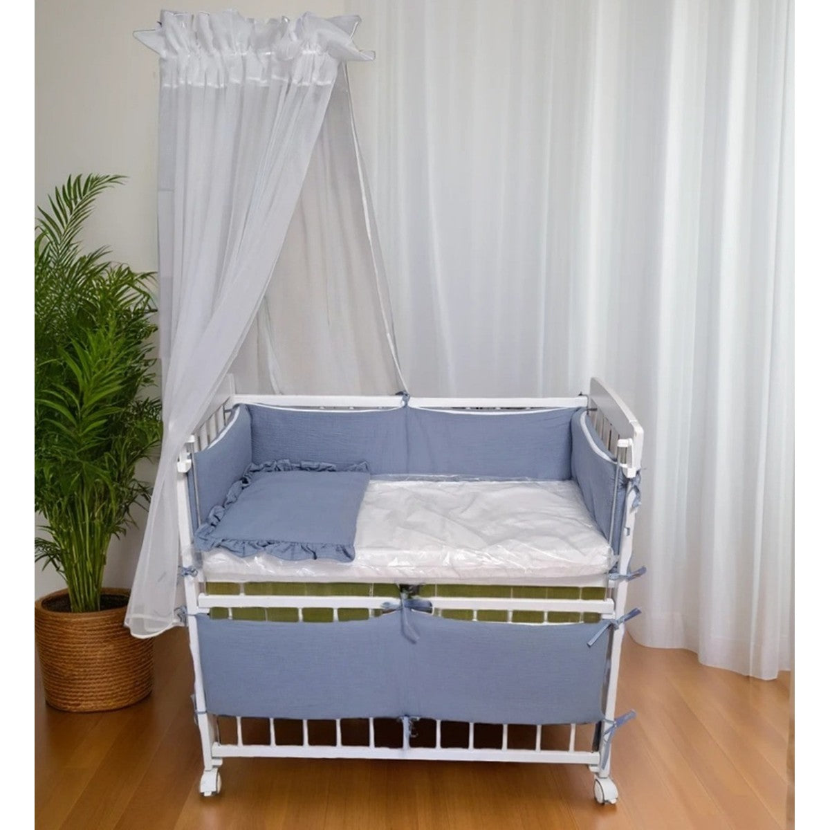3in1 Beistellbett mit Musselin-Bettwäsche – Jeansblau - babyhafen.de 