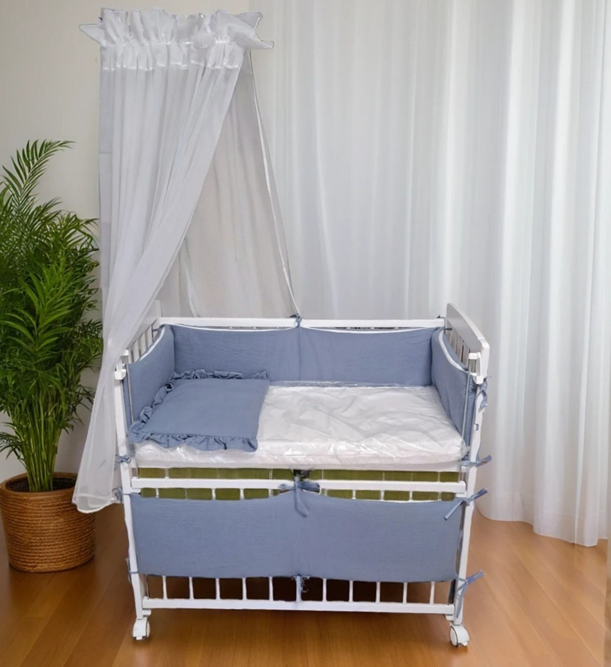 3in1 Beistellbett mit Musselin-Bettwäsche – Jeansblau - babyhafen.de 