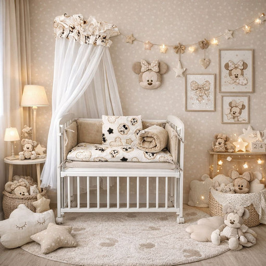 Beistellbett Baby 40x90 cm mit Himmel und kompletter Ausstattung in Beige mit Mini-Maus Design im modernen Kinderzimmer
