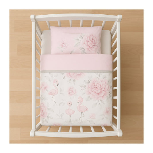 Baby Bettwäsche Set 4-teilig Flamingo und Pfingstrose aus Baumwolle 120x90 cm – rosa Design für Beistellbett oder Kinderbett