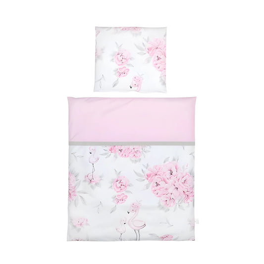 Baby Bettwäsche Set 4-teilig Flamingo Pfingstrose – Rosa Blumen und Flamingo Motiv für Beistellbett und Kinderbett