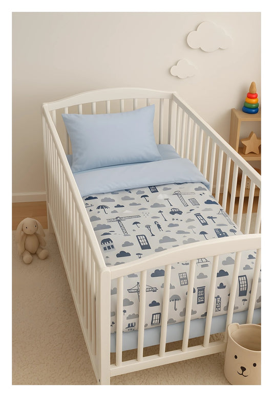 Baby Bettwäsche Set mit Baustelle-Motiv in Blau, Kissen und Decke für Kinderbett, 100% Baumwolle
