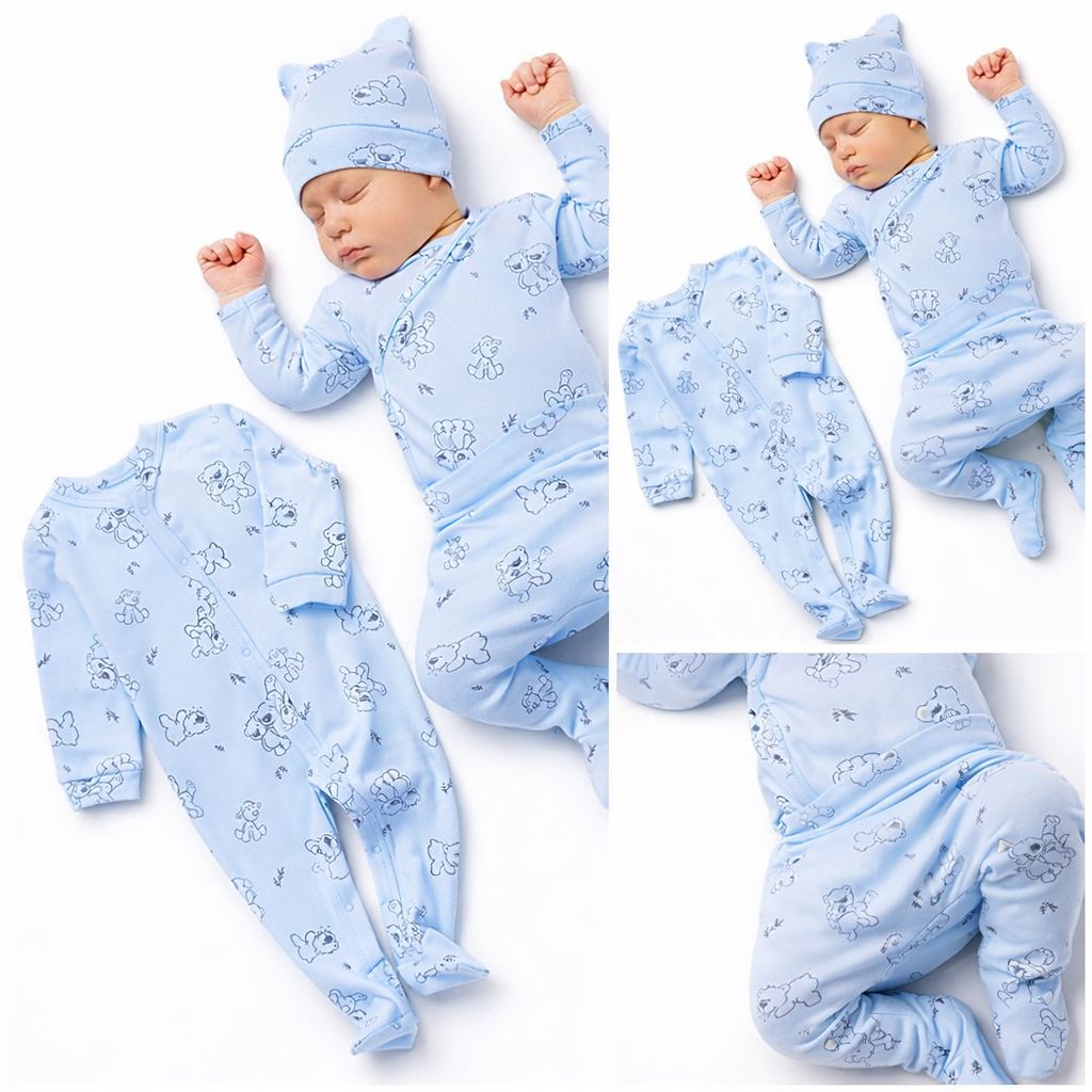 Hellblaues Neugeborenen Set aus Baumwolle – Babyhafen Kleidung mit Bärchenmotiv