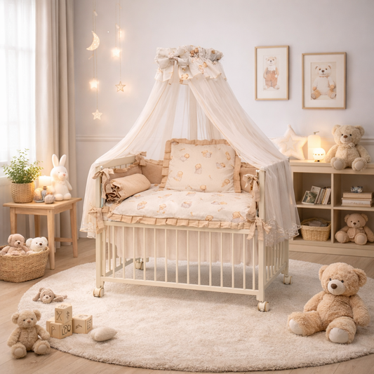 Babybett 3in1 Musselin Beige – Teddybär Beistellbett