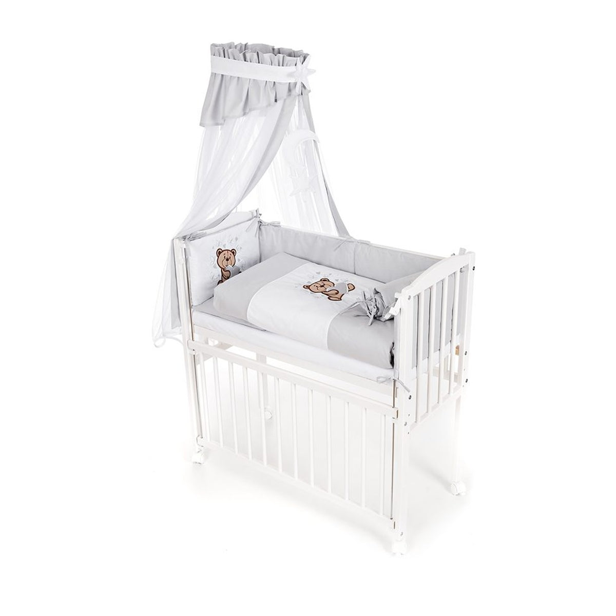 Babybett Boxspring mit Matratze und grauer Bettwäsche Teddy Motiv