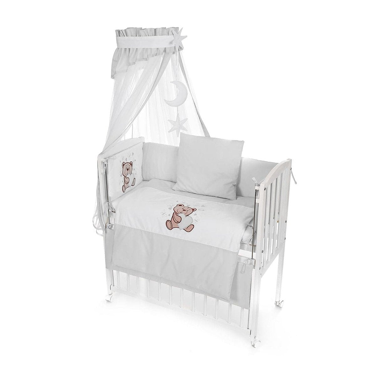 Babybett Boxspring Beistellbett mit Matratze und grauer Bettwäsche Teddy Motiv