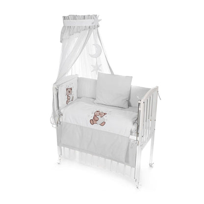 Babybett Boxspring Beistellbett mit Matratze und grauer Bettwäsche Teddy Motiv