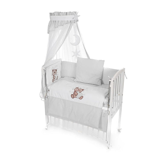 Babybett Boxspring Beistellbett mit Matratze und grauer Bettwäsche Teddy Motiv