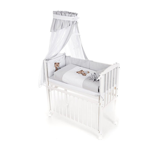 Babybett Boxspring mit Matratze und grauer Bettwäsche Teddy Motiv - babyhafen