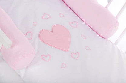 Babybett Hausbett Rausfallschutz Bettset Herzen rosa - babyhafen.de 