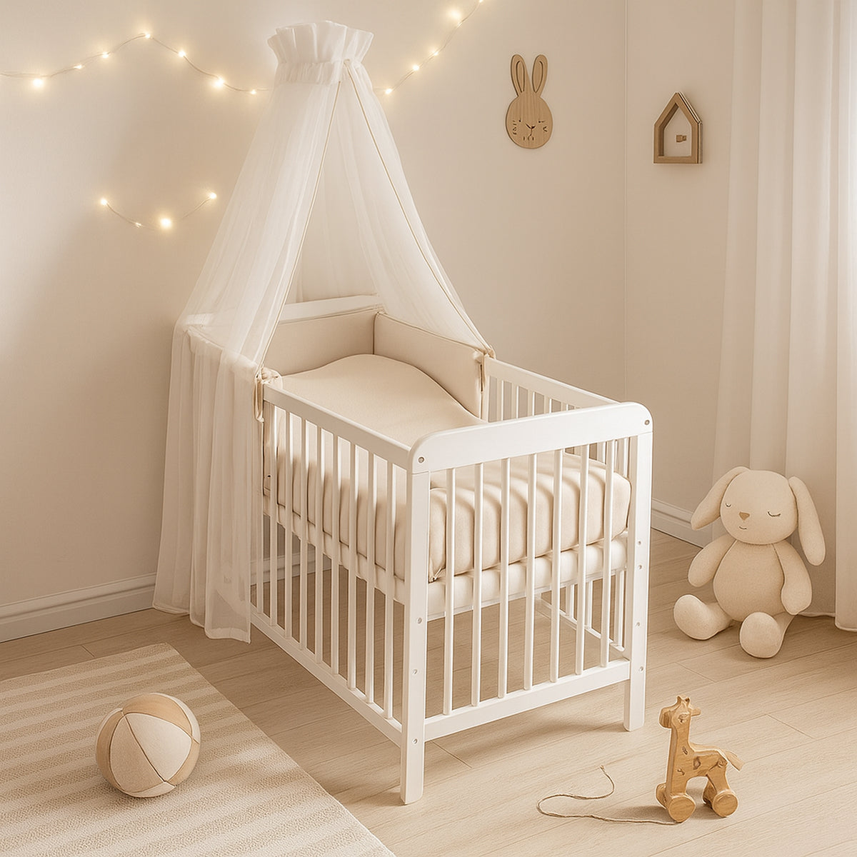 Babyhafen Komplett-Babybett 60x120 Beige mit Himmel und Interlock-Bettwäsche