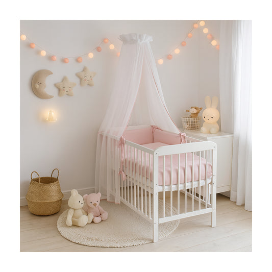 Babyhafen Komplett-Babybett 60x120 Rosa mit Himmel und rosa Bettwäsche im Kinderzimmer