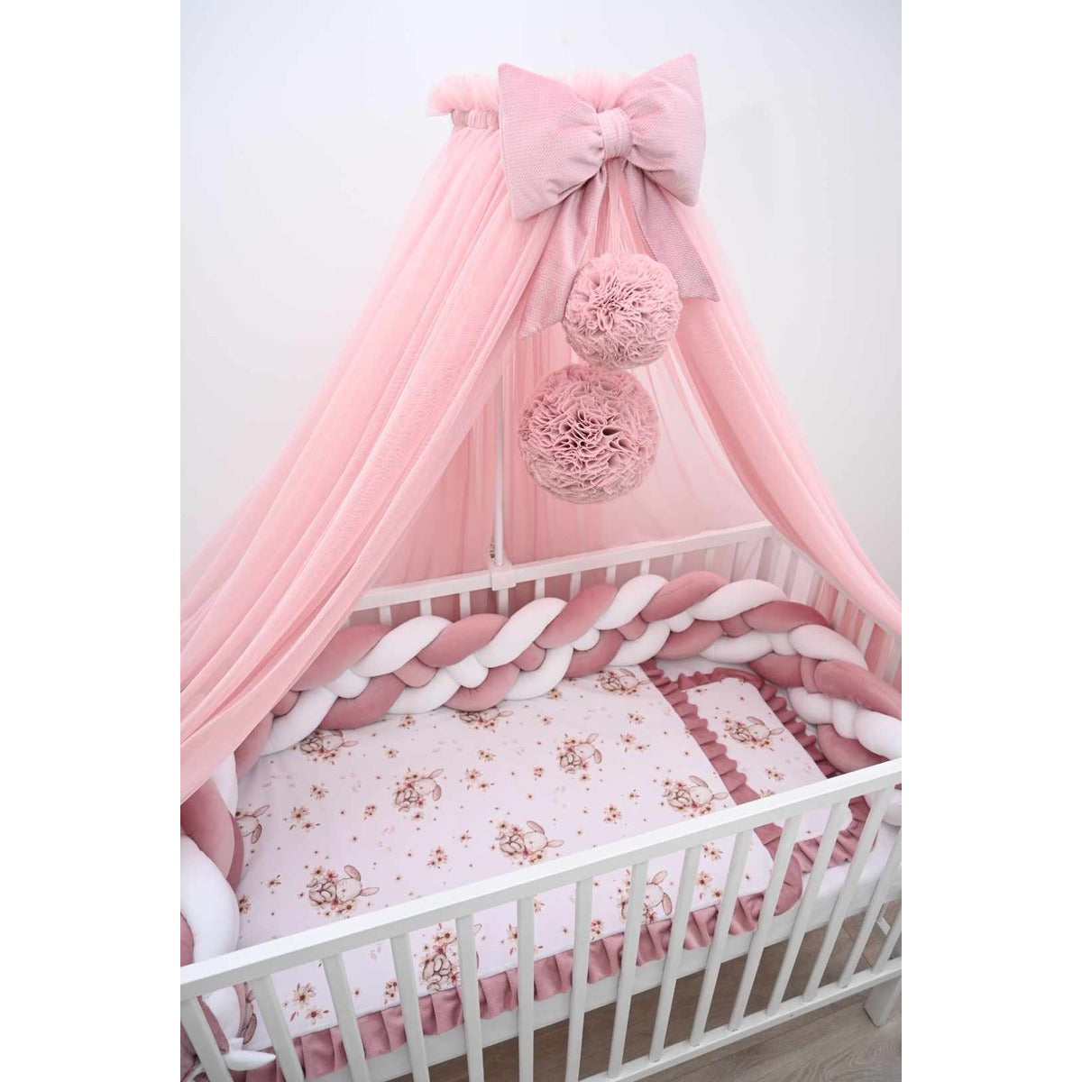 Babybett Komplettset 60x120 Rosa mit Baldachin und Samt Zopfschlange