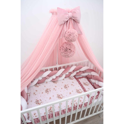 Babybett Komplettset 60x120 Rosa mit Baldachin und Samt Zopfschlange