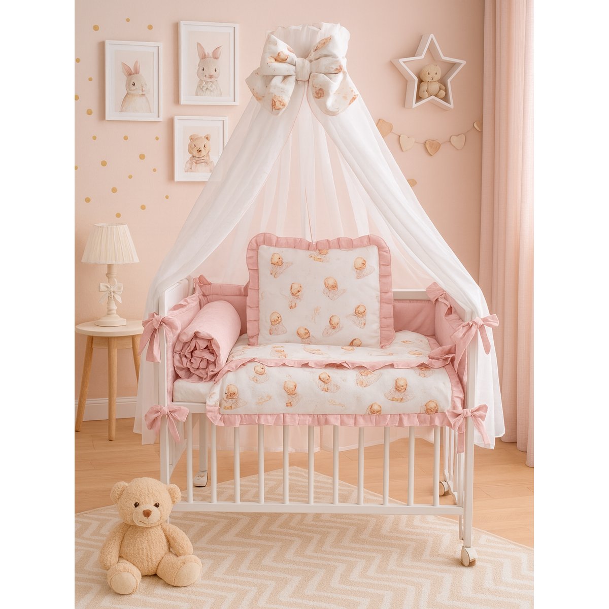 Babyhafen Beistellbett rosa mit Teddybären-Motiv und Himmel