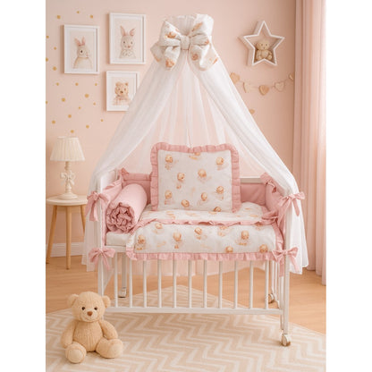 Babyhafen Beistellbett rosa mit Teddybären-Motiv und Himmel